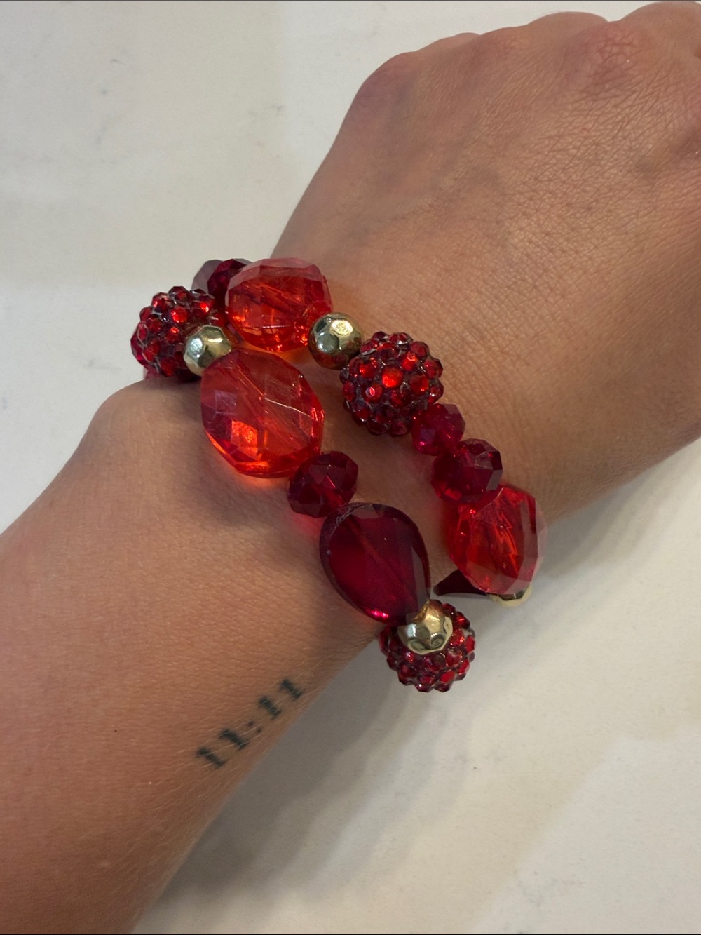 Red Beaded Stretch Bracelet Set (2)